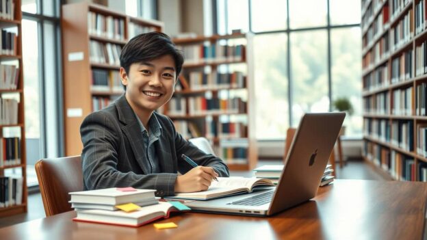 Seseorang sedang belajar efektif di rumah dengan laptop dan catatan